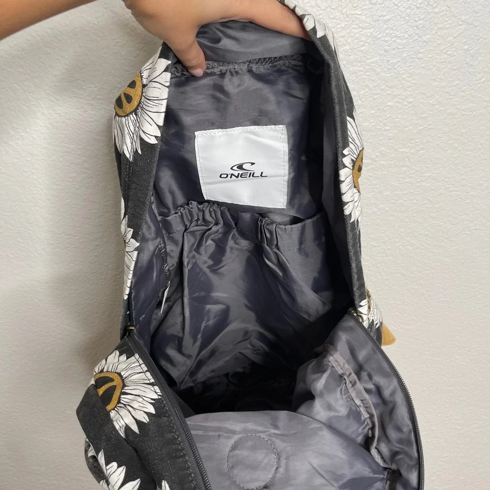 O'Neill Sunflower Peace Sign Canvas Backpack Black Tan Boho Surf Daypack